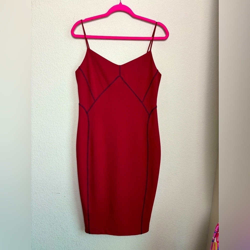 1. State Dark Red Contrast Thread Midi Bodycon Sheath Party Dress 10